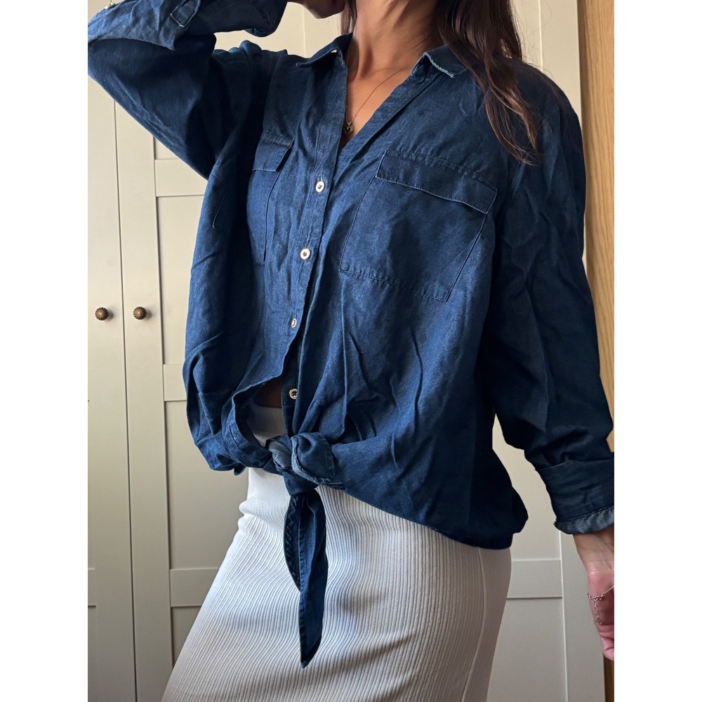Jones New York Signature Blue Tencel Blend Tie Denim Shirt Western Boho XL